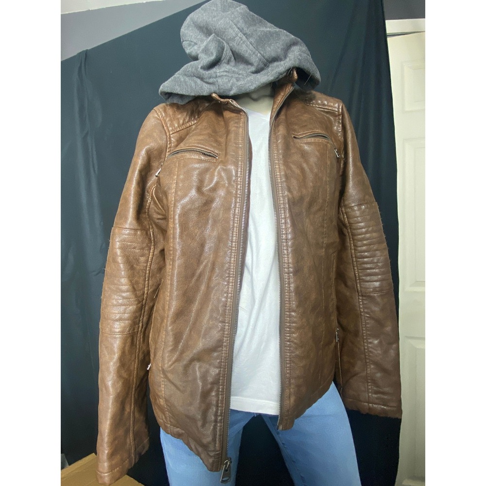 Women's Brown Faux Leather Moto Jacket Hooded Zip-Up Biker Style‎ Size M
